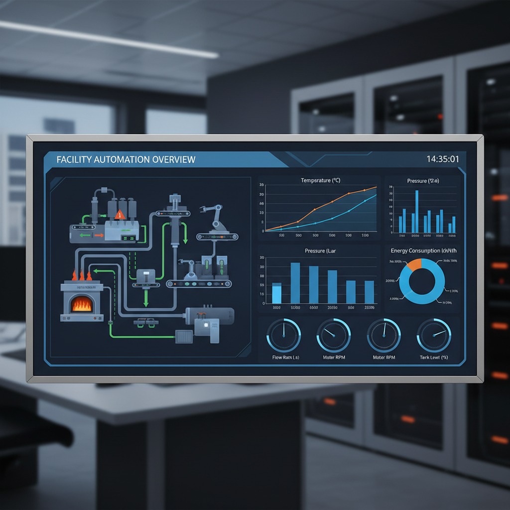 A digital dashboard displays facility automation data, including process flow diagrams, temperature and pressure charts, energy consumption metrics, and gauge readings.