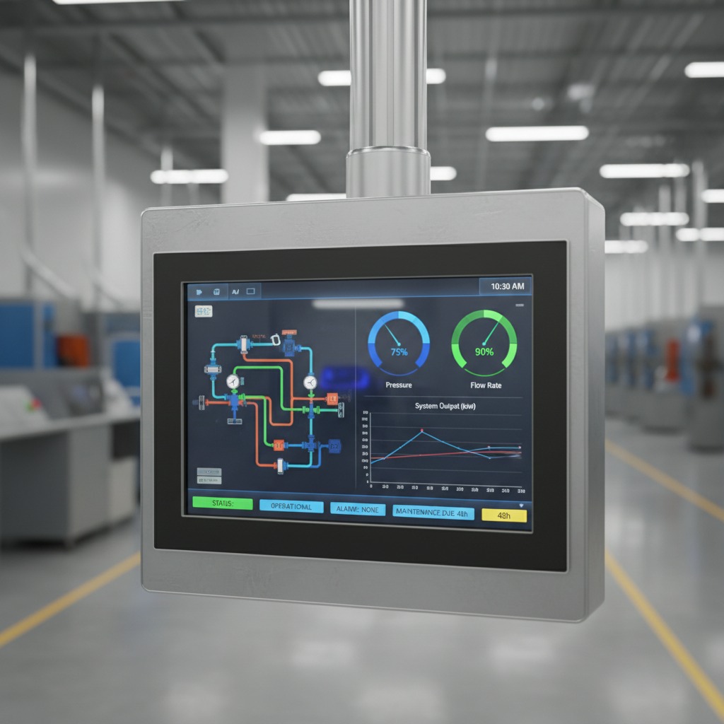 A digital industrial control monitor displays real-time system metrics, flow diagrams, and operational status in a factory setting.